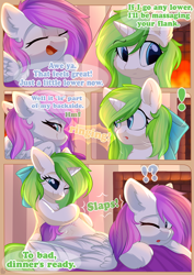 Size: 800x1132 | Tagged: safe, artist:alphadesu, oc, oc only, oc:minty root, oc:snow kicker, pegasus, pony, unicorn, comic:sisterly love, amputee, bow, chest fluff, comic, ear fluff, eyes closed, female, floppy ears, hair bow, hooves, horn, lying down, mare, massage, one eye closed, open mouth, pillow, prone, ringing, sitting, slap, slapping, smiling, spanking, spread wings, wings