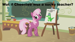 Size: 1063x598 | Tagged: safe, derpibooru import, cheerilee, gummy, cheerilee's clipboard meme, crossing the memes, exploitable meme, meme, memeception, ponyville schoolhouse, wut if gummy wuz a meme