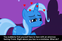 Size: 1024x672 | Tagged: safe, derpibooru import, trixie, pony, unicorn, bedroom eyes, bronybait, caption, cs captions, female, heart, love, mare, solo