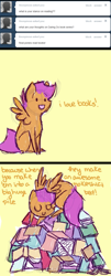 Size: 500x1233 | Tagged: safe, artist:feathersandink, derpibooru import, scootaloo, ask, book, comic, sleeping, that scootaloo, tumblr