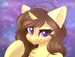 Size: 2732x2090 | Tagged: safe, artist:alphadesu, oc, oc:astral flare, pony, unicorn, beanie, cute, fluffy, galaxy, hat, night, night sky, raised hoof, shooting star, sky, smiling, smirk, stars