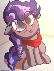 Size: 519x680 | Tagged: safe, artist:perezadotarts, part of a set, oc, oc only, oc:cinnabyte, earth pony, pony, adorkable, bandana, cute, dork, female, glasses, looking up, mare, ocbetes, sitting, tongue out, ych result