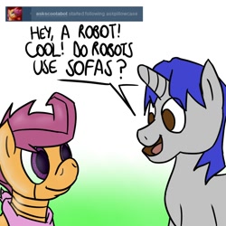 Size: 1000x1000 | Tagged: safe, derpibooru import, scootaloo, oc, robot, ask, scootabot, tumblr