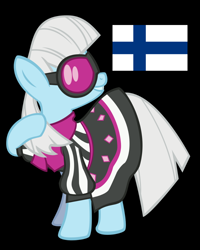 Size: 800x1000 | Tagged: safe, photo finish, earth pony, pony, black background, clothes, female, finland, flag, grin, mare, pun, simple background, smiling, solo, sunglasses