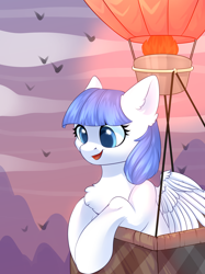 Size: 2048x2732 | Tagged: safe, artist:alphadesu, oc, oc only, oc:snow pup, pegasus, pony, hot air balloon, simple background, smiling, solo, wings