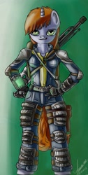 Size: 1573x3118 | Tagged: safe, artist:1vladislav, derpibooru import, oc, oc only, oc:littlepip, anthro, fallout equestria, clothes, fanfic, fanfic art, female, gradient background, gun, hooves, horn, looking at you, pipbuck, rifle, solo, teeth, vault suit, weapon