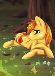 Size: 768x1056 | Tagged: safe, artist:buizel149, braeburn, grass, mouth hold, prone, shade, solo, tree