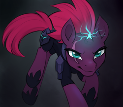 Size: 1299x1125 | Tagged: safe, artist:kapusta123, tempest shadow, pony, unicorn, armor, broken horn, electricity magic, eye scar, female, glowing horn, horn, mare, running, scar, solo