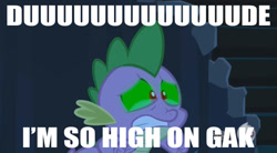 Size: 1174x650 | Tagged: safe, derpibooru import, edit, edited screencap, screencap, spike, dragon, the crystal empire, spoiler:s03, gak, hub logo, image macro, stoner spike, urban dictionary