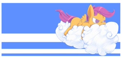 Size: 900x428 | Tagged: safe, artist:rigi, derpibooru import, scootaloo, pegasus, pony, cloud, female, filly, on a cloud, scootaloo can fly, solo