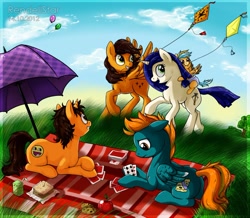 Size: 900x783 | Tagged: safe, artist:rendellstar, derpibooru import, oc, oc only, oc:awesome smile, oc:crossbow sting, oc:random dash, oc:raven feather, oc:soft cloud, a world renewed