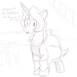 Size: 700x700 | Tagged: safe, artist:goat train, oc, oc only, oc:gloomy, boots, clothes, dress, looking at you, monochrome, restaurant, solo, waitress