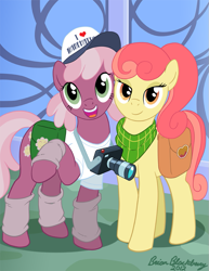 Size: 725x938 | Tagged: safe, artist:brianblackberry, derpibooru import, apple bumpkin, cheerilee, apple family member, bottomless, camera, clothes, leg warmers, partial nudity, saddle bag