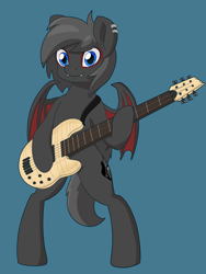 Size: 6000x8000 | Tagged: safe, artist:imposter dude, oc, oc:darky the batpony, bat pony, pony, bass guitar, bat pony oc, bat wings, commission, looking at you, male, musical instrument, simple background, solo, standing, wings