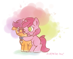 Size: 887x719 | Tagged: safe, artist:haute-claire, ruby pinch, scootaloo, hug, lesboloo