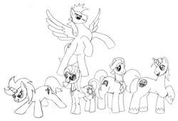 Size: 900x612 | Tagged: safe, artist:raidho36, derpibooru import, oc, oc only, oc:akrida, oc:awesome smile, oc:crossbow sting, oc:random dash, oc:subtle hooves, a world renewed, monochrome