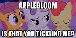 Size: 624x311 | Tagged: safe, derpibooru import, screencap, apple bloom, scootaloo, sweetie belle, stare master, caption, cutie mark crusaders