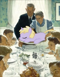 Size: 1411x1800 | Tagged: safe, artist:norman rockwell, derpibooru import, dinky hooves, human, pony, unicorn, abuse, dinkybuse, female, filly, pony as food, thanksgiving