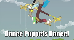 Size: 680x370 | Tagged: safe, derpibooru import, screencap, discord, draconequus, the return of harmony, caption, dance puppets dance, image macro, male, marionette, meme, puppet strings, puppeteer, solo