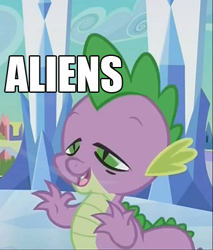 Size: 347x407 | Tagged: safe, derpibooru import, edit, edited screencap, screencap, spike, alien, dragon, the crystal empire, ancient aliens, cropped, giorgio a. tsoukalos, image macro, meme, solo