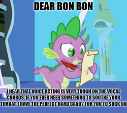 Size: 436x386 | Tagged: safe, derpibooru import, edit, edited screencap, screencap, spike, dragon, friendship is magic, black text, caption, image macro, letter, male, quill, solo, spike's love letters, tongue out