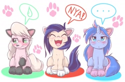 Size: 2129x1390 | Tagged: safe, artist:kurogewapony, oc, oc only, oc:moff cloud, oc:slowly flame, oc:southern sail, earth pony, pegasus, pony, unicorn, behaving like a cat, blushing, cat ears, cat paws, cute, embarrassed, female, looking at you, mare, nya, ocbetes, simple background, sitting, trio, unamused, white background