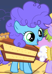 Size: 420x600 | Tagged: safe, derpibooru import, screencap, the cutie mark chronicles, background pony, blueberry swirl, cake, clothes, costume, cropped, filly, food, solo focus