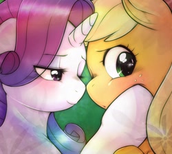 Size: 1900x1700 | Tagged: safe, artist:kurogewapony, applejack, rarity, earth pony, pony, unicorn, blushing, female, hoof on cheek, lesbian, lidded eyes, looking away, rarijack, shipping, smiling