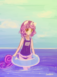 Size: 1440x1920 | Tagged: safe, artist:lumineko, sweetie belle, human, clothes, eared humanization, horned humanization, humanized, inner tube, one-piece swimsuit, pixiv, solo, swimsuit, tailed humanization, water