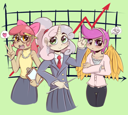 Size: 1000x900 | Tagged: safe, artist:balooga, derpibooru import, apple bloom, scootaloo, sweetie belle, cutie mark crusaders, glasses, graph, horned humanization, humanized, older, winged humanization