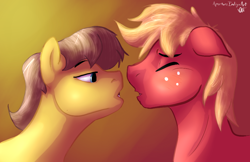 Size: 928x600 | Tagged: safe, artist:hoodoo, derpibooru import, big macintosh, caramel, earth pony, pony, caramac, gay, imminent kissing, male, shipping, stallion