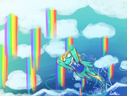 Size: 1920x1440 | Tagged: safe, artist:lumineko, lightning dust, goggles, pixiv, rainbow, solo, wonderbolt trainee uniform