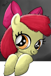 Size: 426x632 | Tagged: safe, artist:vendetatj, derpibooru import, apple bloom, earth pony, pony, female, filly, fourth wall, solo