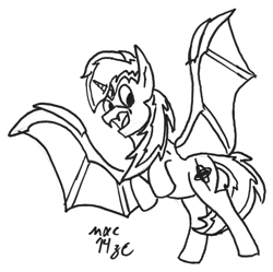 Size: 2192x2181 | Tagged: safe, artist:mxcoriginal, oc, oc only, oc:gyro tech, alicorn, bat pony, bat pony alicorn, pony, monochrome, race swap, rearing, solo, spread wings, traditional art