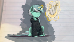 Size: 2000x1132 | Tagged: safe, artist:ncmares, lyra heartstrings, fanfic:background pony, clothes, eyes closed, hoodie, lyre, smiling, solo