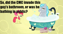 Size: 835x459 | Tagged: safe, derpibooru import, screencap, apple bloom, earth pony, pony, hearts and hooves day (episode), bath, bath pony, bathtub, caption, claw foot bathtub, duo, female, filly, fridge logic, hearts and hooves day, image macro, male, smiling, squeaky clean, stallion, suds, the perfect stallion