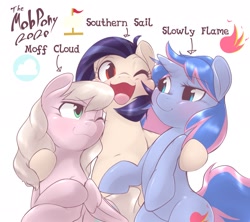 Size: 2129x1888 | Tagged: safe, artist:kurogewapony, oc, oc only, oc:moff cloud, oc:slowly flame, oc:southern sail, earth pony, pegasus, pony, unicorn, blushing, female, group hug, happy, hug, mare, one eye closed, open mouth, simple background, smiling, trio, white background