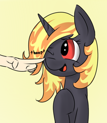 Size: 572x652 | Tagged: safe, artist:phon-e, derpibooru import, oc, oc only, oc:incendia, human, pony, unicorn, fanfic:antipodes, boop, cute, fanfic, female, hair over one eye, hand, mare, one eye closed, open mouth, simple background, smiling, wink, yellow background