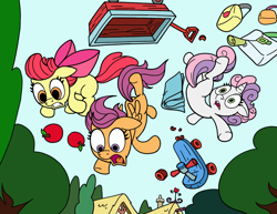 Size: 825x638 | Tagged: safe, artist:latecustomer, derpibooru import, apple bloom, scootaloo, sweetie belle, cutie mark crusaders, falling, old version, scooter