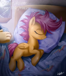 Size: 880x1000 | Tagged: safe, artist:knifeh, artist:rainbow, derpibooru import, scootaloo, human, pony, bed, cute, cutealoo, cutie mark, eyes closed, hand, on bed, profile, scootalove, sleeping, tucking in