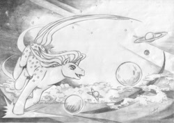 Size: 840x594 | Tagged: safe, artist:solkatt, derpibooru import, milky way (g1), g1, monochrome, pencil drawing, planet, solo, space, stars, traditional art