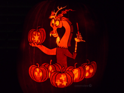 Size: 1000x750 | Tagged: safe, artist:ceemdee, derpibooru import, discord, jack-o-lantern, pumpkin