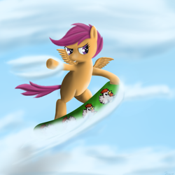 Size: 3000x3000 | Tagged: safe, artist:zhooves, derpibooru import, scootaloo, cloud, cloudboarding, cloudy, snowboard