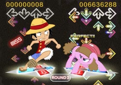 Size: 1217x855 | Tagged: safe, artist:jaredofart, derpibooru import, pony, dance dance revolution, monkey d luffy, one piece, ponified, pony pony chopper, rhythm game