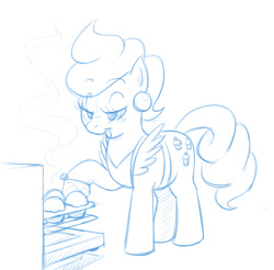 Size: 676x666 | Tagged: safe, artist:darkpandax, cup cake, earth pony, pony, apron, baking, clothes, cupcake, ear piercing, earring, female, food, jewelry, lidded eyes, looking down, mare, monochrome, open mouth, oven, oven mitts, piercing, solo