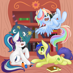 Size: 1024x1024 | Tagged: safe, artist:miss-vani, derpibooru import, oc, oc only, pegasus, pony, unicorn, book, golden oaks library, hoof polish, library, sleepover