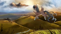 Size: 1123x632 | Tagged: dead source, safe, artist:ruhje, derpibooru import, oc, oc only, pegasus, pony, blank flank, cloud, female, flying, grass, looking away, mare, mountain, river, scenery, sky, socks (coat marking), solo, stream, tree