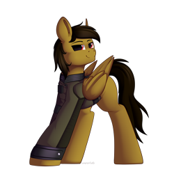 Size: 3000x3000 | Tagged: safe, artist:xcinnamon-twistx, oc, pegasus, blank flank, clothes, commission, commissions open, enclave, enclave uniform, fallout, fallout 3, jacket, looking at you, male, officer, proud, red eyes, uniform