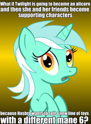 Size: 604x822 | Tagged: safe, derpibooru import, lyra heartstrings, pony, unicorn, caption, conspiracy lyra, exploitable meme, female, green coat, hilarious in hindsight, horn, looking at you, mare, meme, open mouth, simple background, solo, text, two toned mane