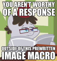 Size: 502x536 | Tagged: safe, derpibooru import, screencap, truffle shuffle, earth pony, pony, ponyville confidential, colt, fez, glasses, hat, image macro, male, newspaper, reading